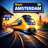 Auto-generated description: A modern train arrives at a station labeled with a sign pointing to Amsterdam, set against a scenic sunset backdrop.